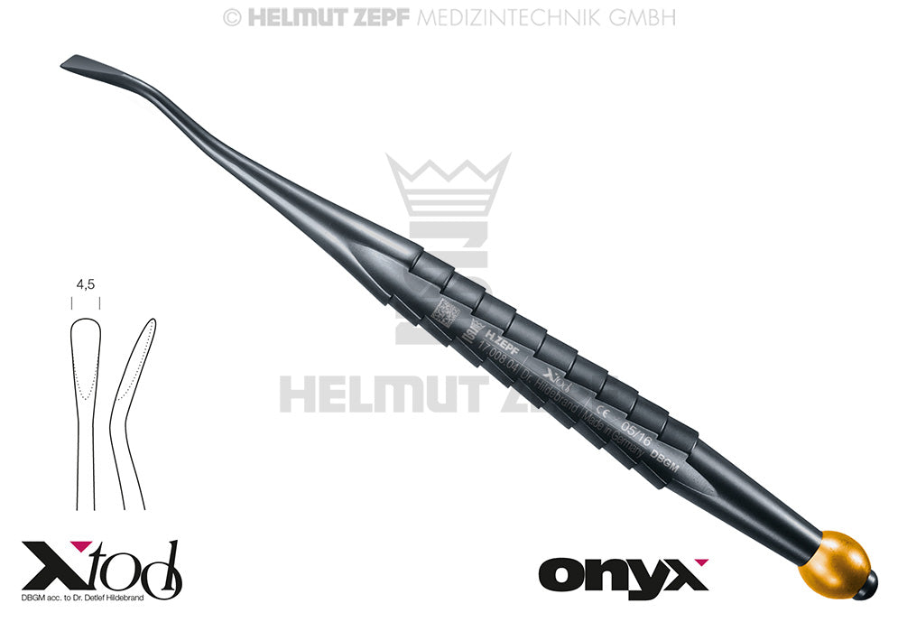 APPROXIMAL WURZELHEBER, MESIAL, FIG.77RL 4,5MM, ZEPF X-TOOL GRIFF, GELBE FARBCODIERUNG, ONYX BESCHICHTET