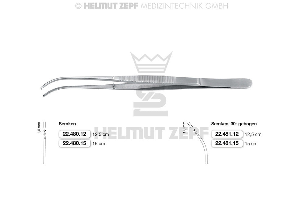 SEMKEN, CHIRURGISCHE PINZETTE, 12,5 CM, 1X2 ZÄHNE, GEBOGEN