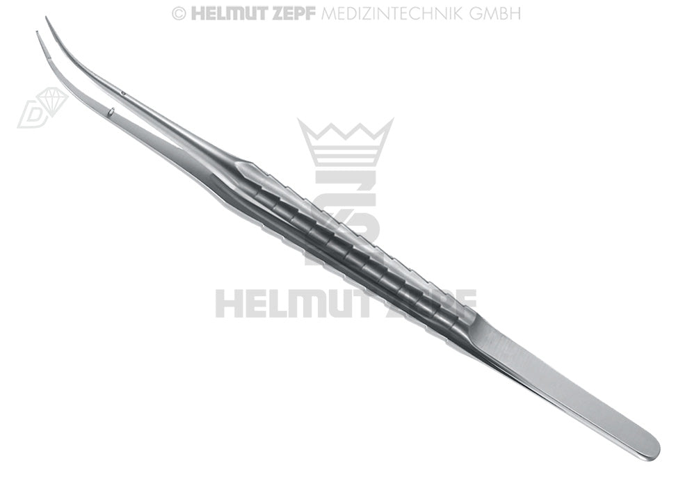 MIKRO-PINZETTE, 18 CM, 9 MM ZEPF-LINIE MIT FÜHRUNGSSTIFT,  1X2 ZÄHNE, GEBOGEN MAULTEIL DIAMANTIERT