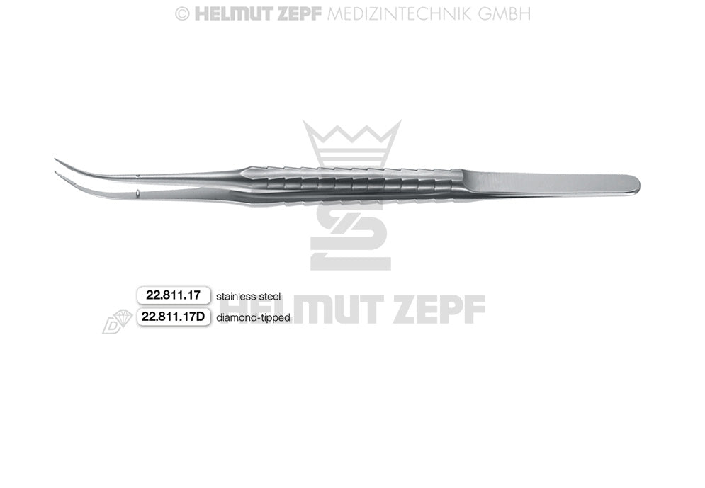 MIKRO-PINZETTE, 18 CM, 9 MM ZEPF-LINIE MIT FÜHRUNGSSTIFT,  1X2 ZÄHNE, GEBOGEN MAULTEIL DIAMANTIERT