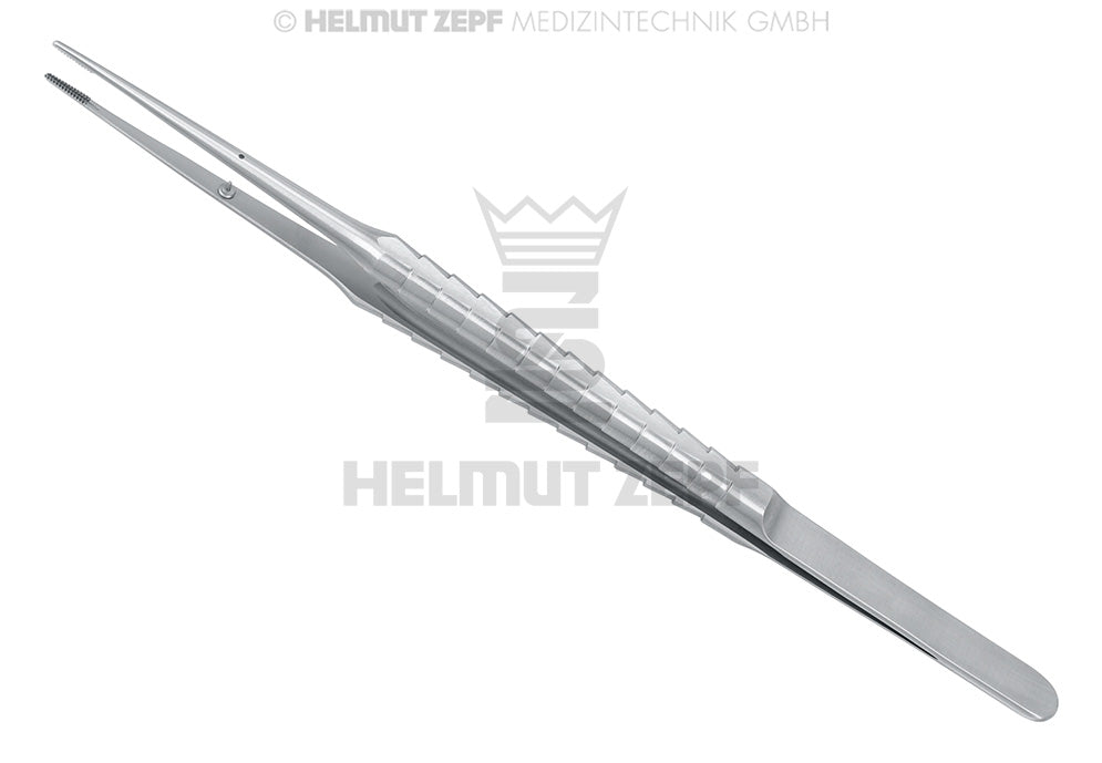 MIKRO-ATRAUMA-PINZETTE NACH COOLEY, 18 CM, 9 MM, ZEPF-LINIE, GERADE MIT FÜHRUNGSSTIFT, FADENPLATTE