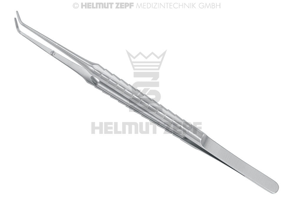 MIKRO-ATRAUMA-PINZETTE NACH COOLEY, 18 CM, 9 MM, ZEPF-LINIE, GEBOGEN MIT FÜHRUNGSSTIFT, FADENPLATTE