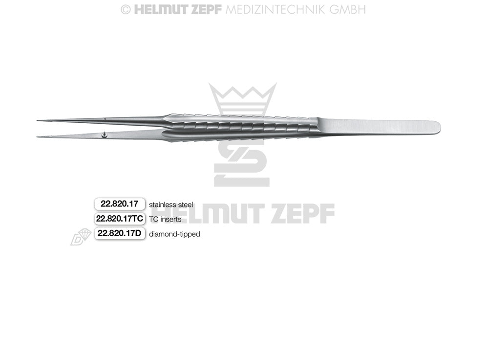 MIKRO-ANATOMISCHE-PINZETTE, GERIEFTES MAUL, GERADE, ROSTFREI, ZEPF-LINE, 18 CM LANGER GRIFF, MIT FÜHRUNGSSTIFT, TC-MAUL