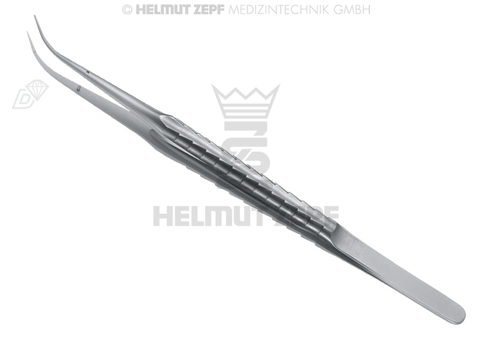 MIKRO-PINZETTE, 18 CM, 9 MM, ZEPF-LINIE LANGER GRIFF, MIT FÜHRUNGSSTIFT, GLATT, GEBOGEN, MAULTEIL GEBOGEN