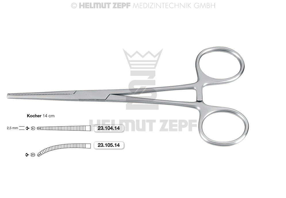 KOCHER, ARTERIENKLEMME,  14 CM, GERADE, 1 X 2 ZÄHNE
