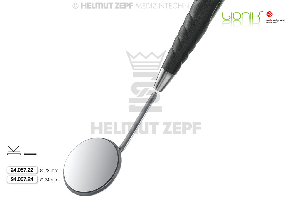 MUNDSPIEGEL, PLAN, RHODIUM FRONT SURFACE EINFACHES GEWINDE, ROSTFREI, 24 MM D. VERPACKUNGSEINHEIT = 12 STÜCK