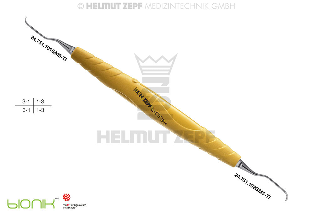 ZEPF-BIONIK, SPEZIAL KÜRETTE, GRACEY 1/2 M5 MIT CA 3MM LÄNGEREM 1ER SCHAFT GELB EINSÄTZE AUSWECHSELBAR