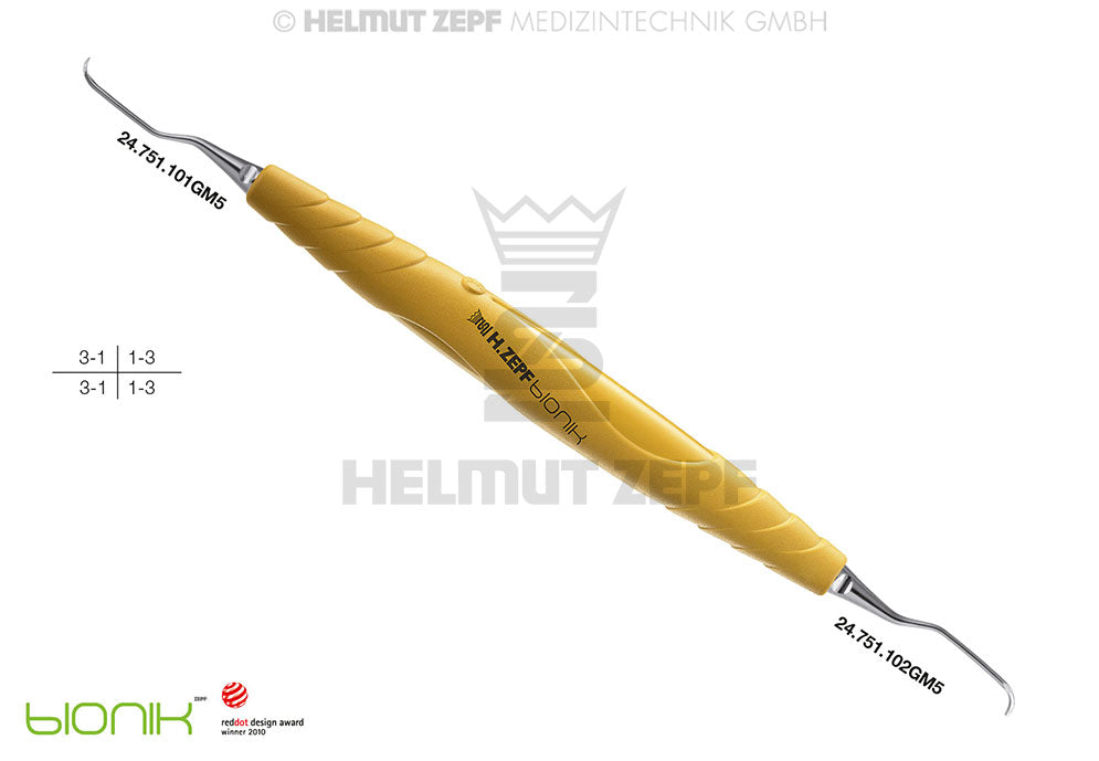 ZEPF-BIONIK, GRACEY SPECIAL KÜRETTE 1/2 M5 MIT CA 3MM LÄNGEREM 1ER SCHAFT GELB EINSÄTZE AUSWECHSELBAR