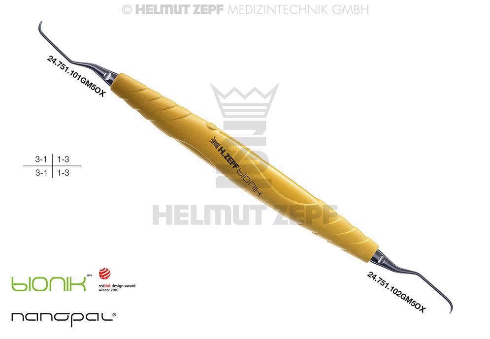 ZEPF-BIONIK, SPEZIAL KÜRETTE, GRACEY 1/2 M5 MIT CA 3MM LÄNGEREM 1ER SCHAFT GELB EINSÄTZE AUSWECHSELBAR, NANOPAL-COATING