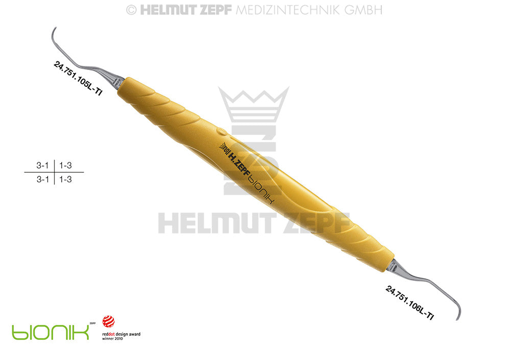 ZEPF-BIONIK, UNIVERSAL KÜRETTE, TITAN-EINSÄTZE, LANGER 5/6, GELB EINSÄTZE AUSWECHSELBAR