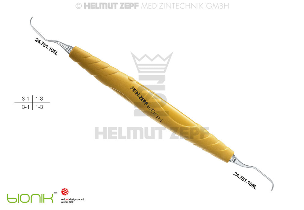 ZEPF-BIONIK, UNIVERSAL KÜRETTE, LANGER,L 5/6 FÜR DEN FRONTZAHNBEREICH EINSÄTZE AUSWECHSELBAR, GELB