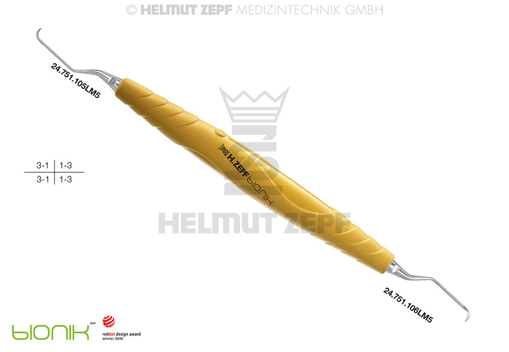 ZEPF-BIONIK, UNIVERSAL KÜRETTE, LANGER FIG.5/6 M5, CA 3MM LÄNGEREM 1ER SCHAFT, Ø0,95, GELB, EINSÄTZE AUSWECHSELBAR,
