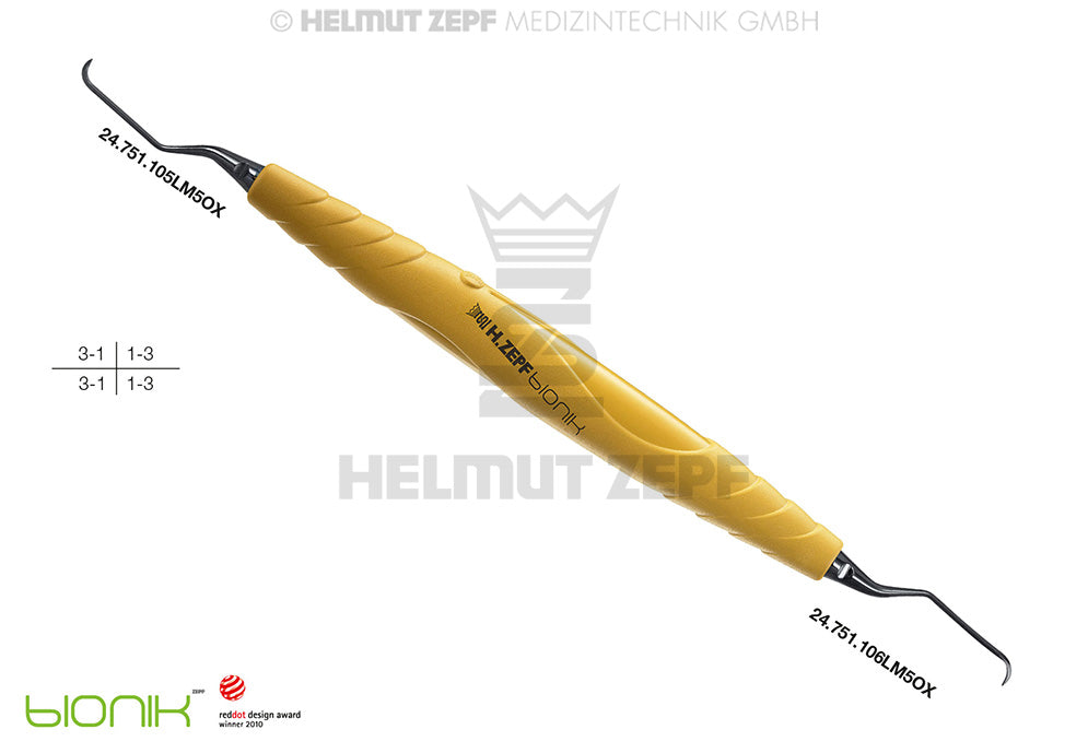 ZEPF-BIONIK, UNIVERSAL KÜRETTE, LANGER FIG.5/6 M5, CA 3MM LÄNGEREM 1ER SCHAFT, Ø0,95, GELB, EINSÄTZE AUSWECHSELBAR,