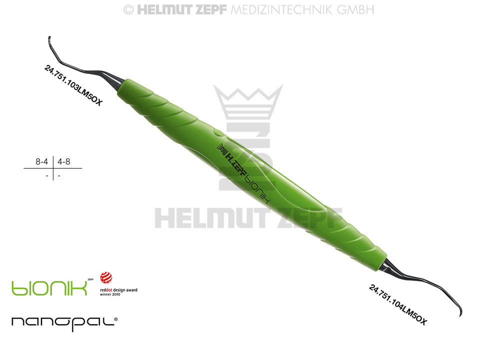 ZEPF-BIONIK, UNIVERSAL KÜRETTE,  LANGER FIG.3/4 M5, CA 3MM LÄNGEREM 1ER SCHAFT, Ø0,95, GELBGRÜN, EINSÄTZE AUSWECHSELBAR