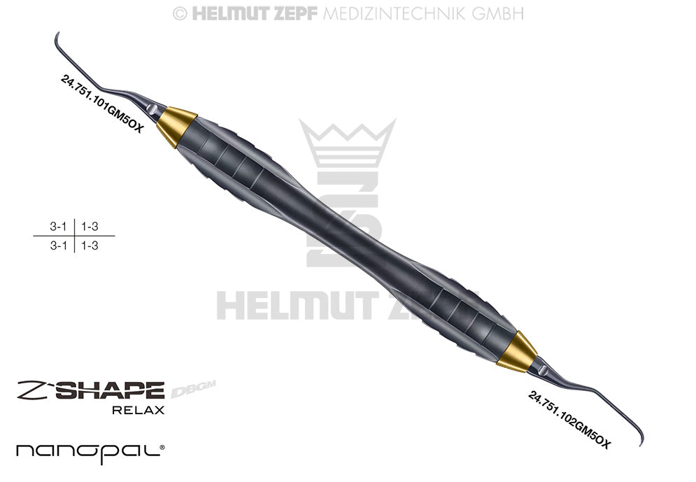 SPEZIAL KÜRETTE, GRACEY 1/2 M5 MIT CA 3MM LÄNGEREM 1ER SCHAFT IM Z-SHAPE RELAX GRIFF, GELB, NANOPAL
