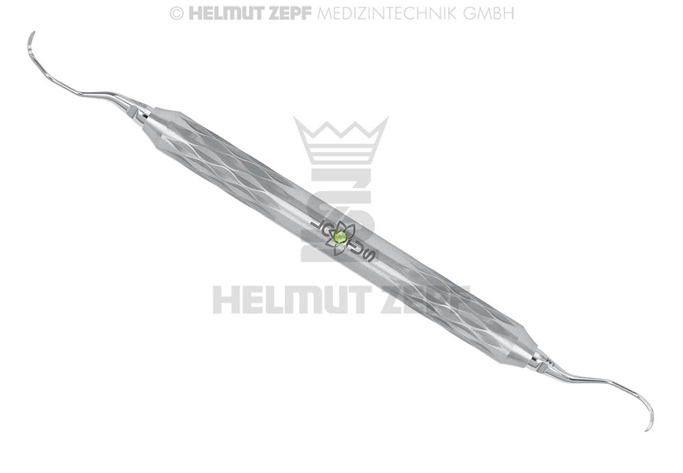 UNIVERSAL KÜRETTE, LANGER FIG. 3/4 IM ZEPF-LOTUS GRIFF, FARBMARKIERUNG GRÜN, EINSÄTZE AUSWECHSELBAR