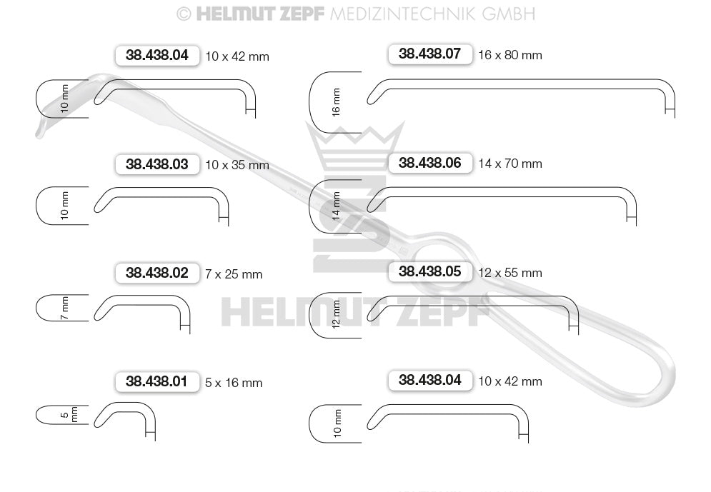 OBWEGESER, WUNDHAKEN, ABGEBOGEN KONKAVES BLATT, 12 x 55 MM, 22 CM