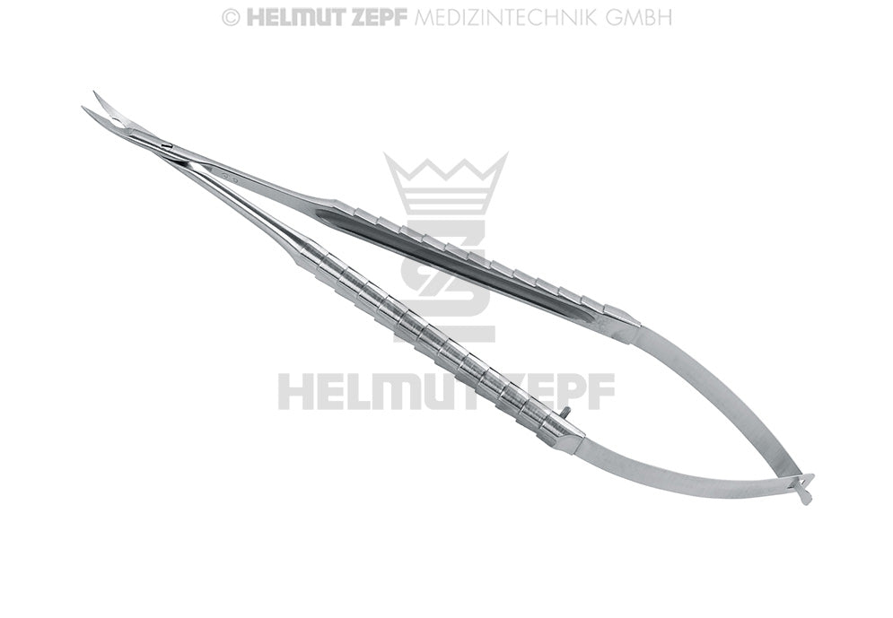 Mikro-federschere, mit Mikroverzahnung Zepf-linie Spitz/spitz Gebogen, 18 Cm mit Haltefunktion zur Nahtentfernung