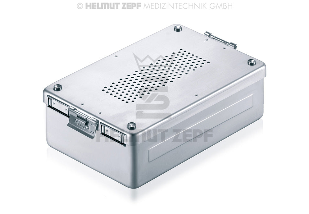 STERI-CONTAINER, 310 X 190 X 65 MM, BODEN & DECKEL GELOCHT, NEUER VERSCHLUSS ALU, GRAU, INCL. 2 PAPIER-EINWEGFILTER
