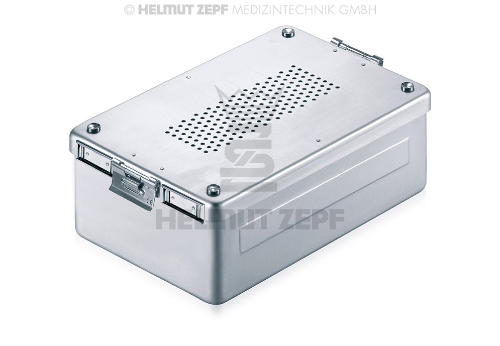 STERI-CONTAINER, 310 X 190 X 80 MM, BODEN & DECKEL GELOCHT, NEUER VERSCHLUSS ALU, GRAU, INCL. 2 PAPIER-EINWEGFILTER