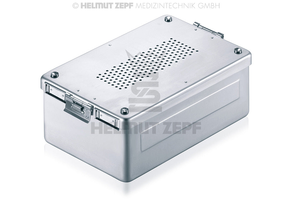 Steri-container, 310 X 190 X 100 Mm, Boden & Deckel Gelocht, Neuer Verschluss Alu, Grau, Incl. 2 Papier-einwegfilter