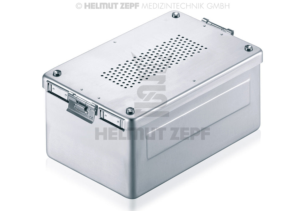 STERI-CONTAINER, 310 X 190 X 130 MM, BODEN & DECKEL GELOCHT, NEUER VERSCHLUSS ALU, GRAU, INCL. 2 PAPIER-EINWEGFILTER