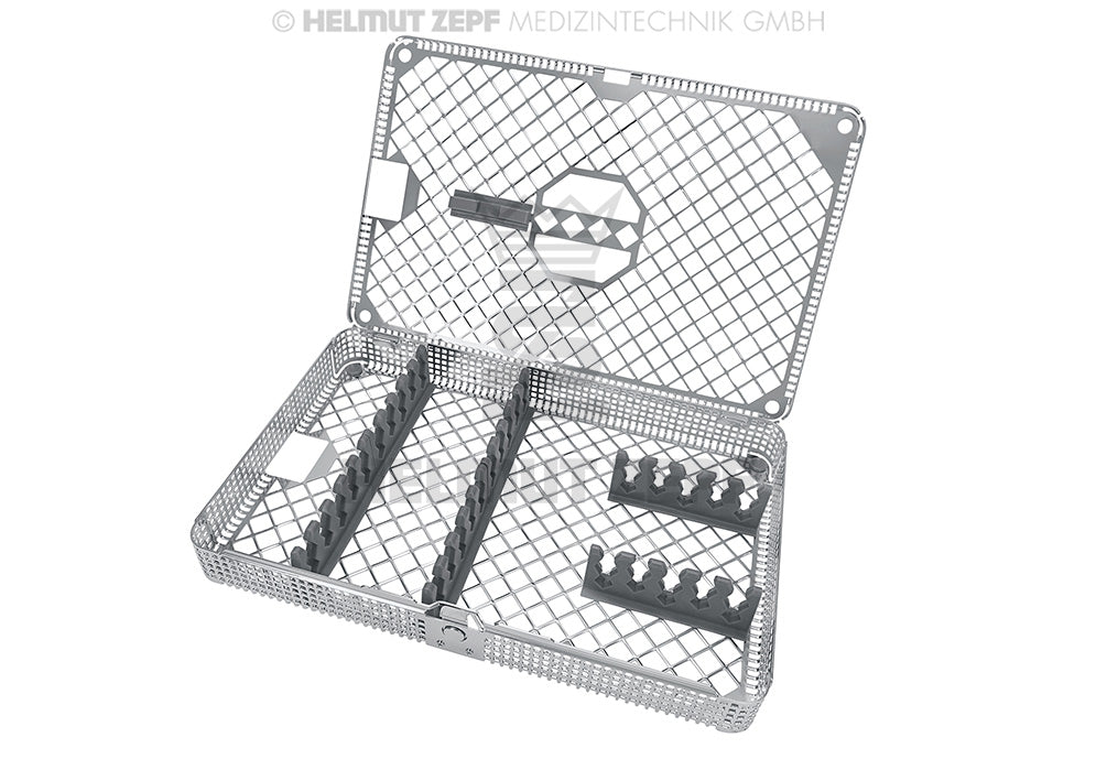 Waschkorb 1/1 mit Universal Instrumentenauflagen für 10 Instrumente Längs und 5 Instrumente Quer 1 Schere